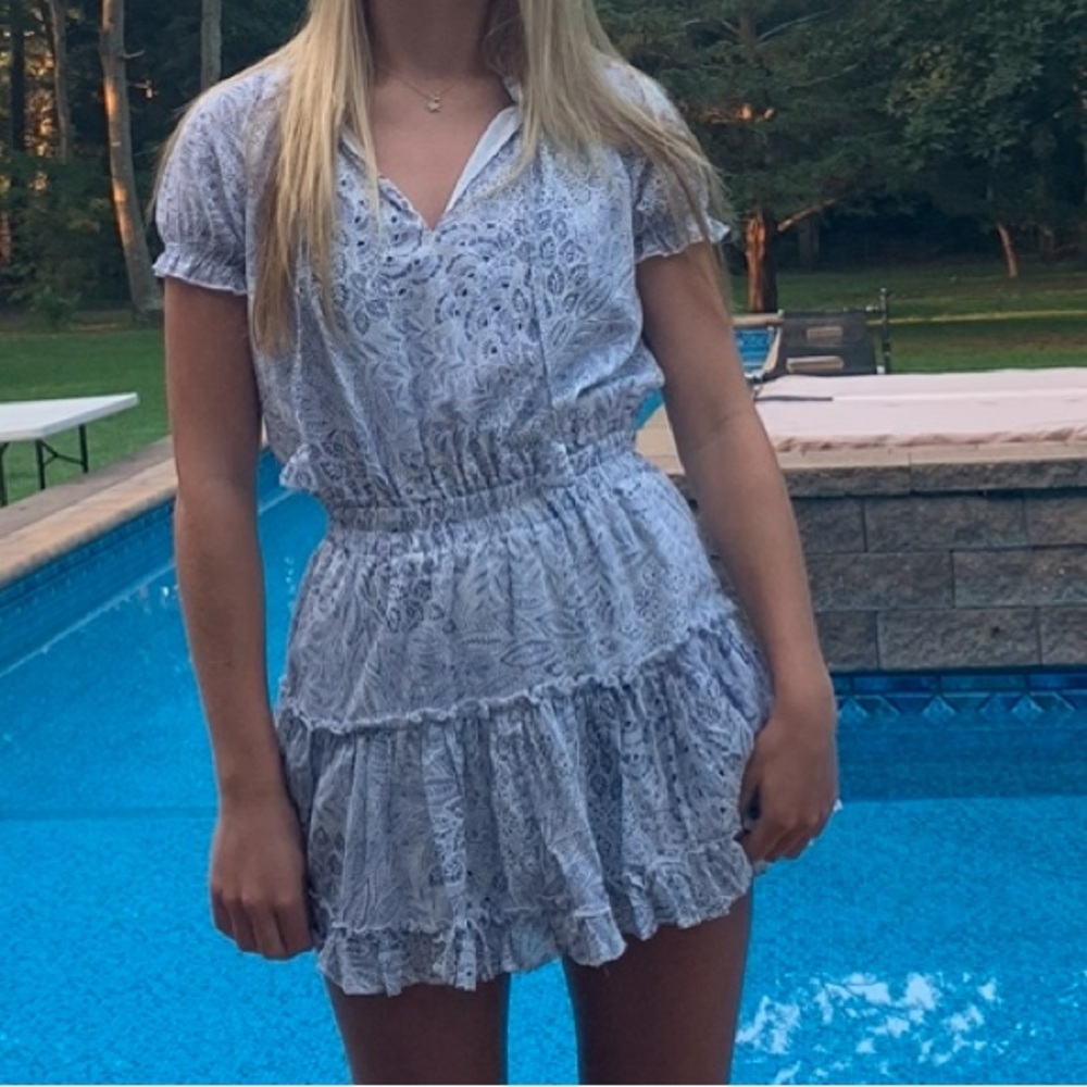 Mixology were all pretty girls blue and white mini dress with ruffles size small